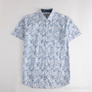 Men's Short Sleeve Blue Flowers Print Casual Shirts